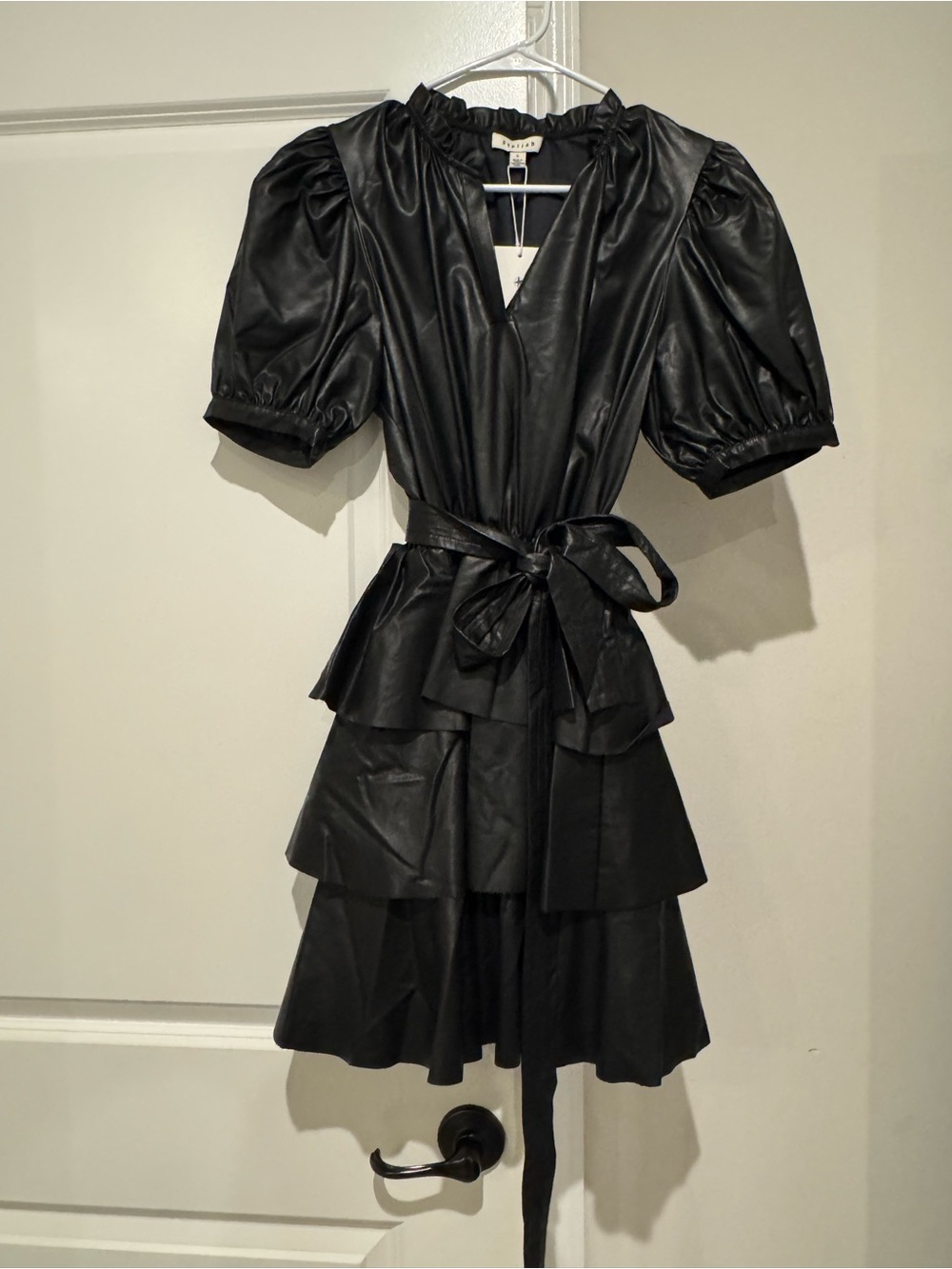 Stellah Ruffled Faux Leather Black Tiered Dress
